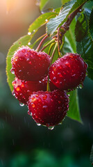 Fresh cherries glisten with dew under the warm sunlight of a tranquil morning.