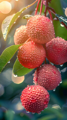 Amidst the morning sunlight, a bunch of ripe lychees gleams, adorned with dewdrops, accentuating their innate luster and inviting freshness. - obrazy, fototapety, plakaty