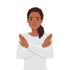 Angry woman standing with the crossed arms, no sign. Flat vector illustration isolated on white background