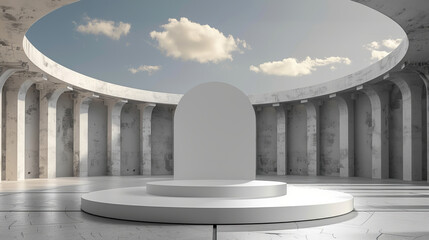 A striking monumental structure featuring a large circular opening frames a clear blue sky, offering a blend of classic architecture and modern design.