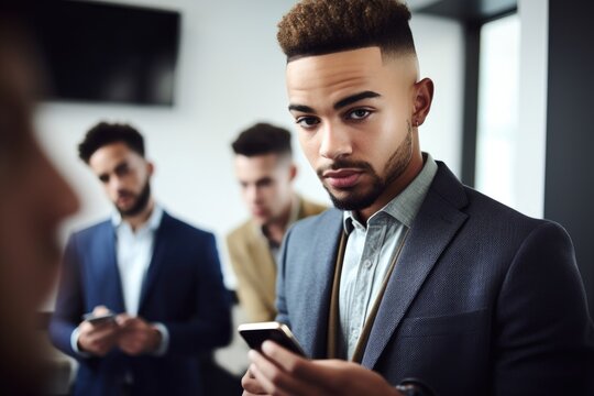 shot of a young man using his cellphone in the office with his colleagues
