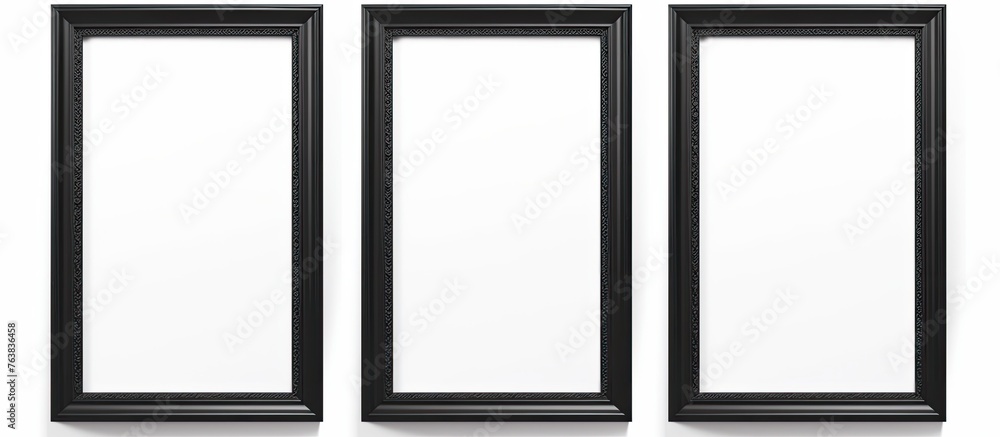 Poster three rectangular frames in black color are placed on a white background, casting shadows on the flo