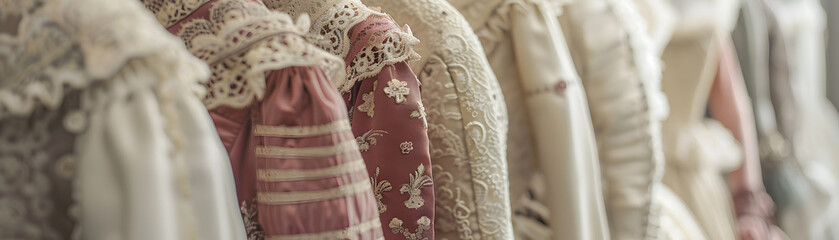 A panoramic, soft focus shot of a collection of vintage dresses, showcasing intricate lace and embroidery details. - obrazy, fototapety, plakaty