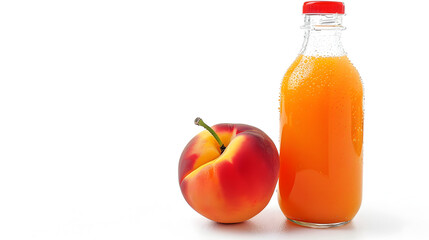 Delicious peach juice in glass bottle and peach next to it isolated on white  background
