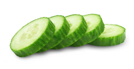 Sliced round cucumber slices isolated on transparent background.