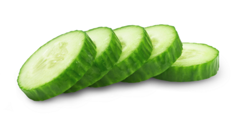 Sliced round cucumber slices isolated on transparent background.