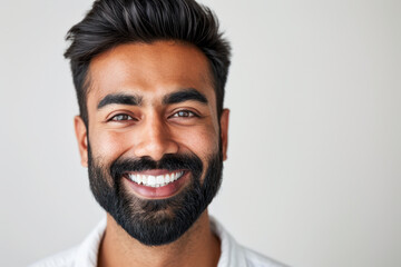 Obraz premium Portrait of smiling man with beard against neutral background. Positive human emotions.