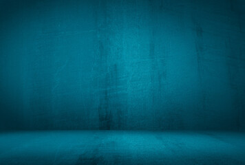 Vintage grunge blue concrete texture studio wall background with vignette. - obrazy, fototapety, plakaty