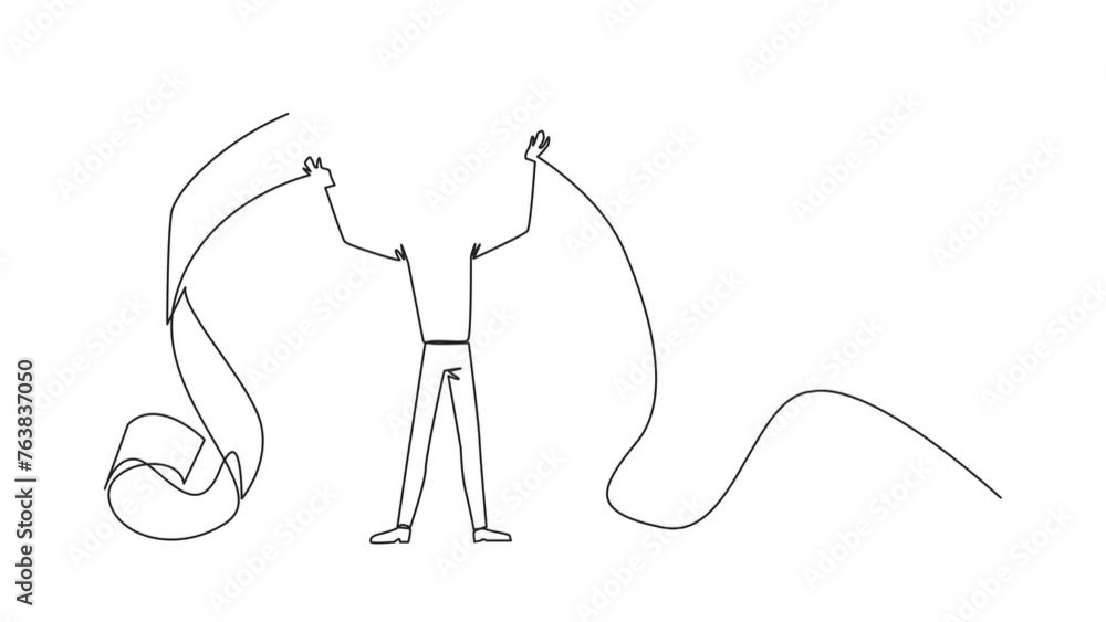 Poster animation of one line drawing of single one line drawing of businessman stood up and tore off billin