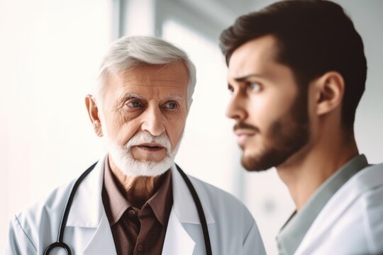 portrait of a young male doctor helping his senior patient