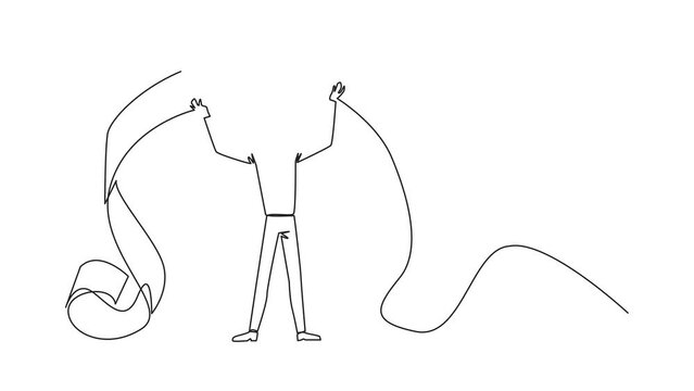 Animation of one line drawing of single one line drawing of businessman stood up and tore off billing paper dangling to the floor held above his head. Failing to pay bill. Full length motion