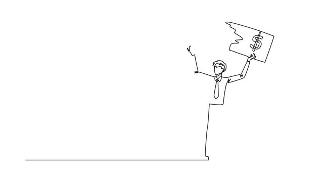 Self drawing animation of single continuous line drawing of businessman stood up and tore off banknotes held above his head. Failed to invest, suffered a lot of losses. Full length animated