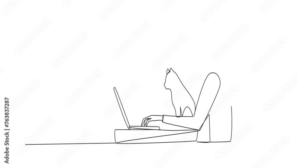Poster animated self drawing of continuous one line drawing of young energetic man sitting while typing on 