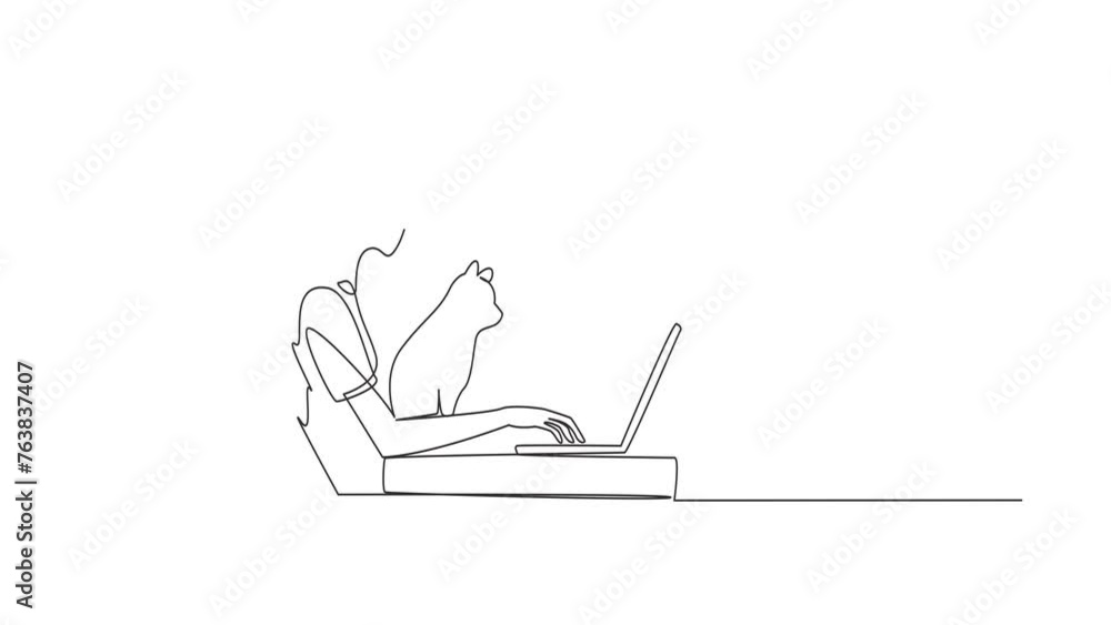 Poster self drawing animation of single continuous line drawing of beautiful woman sitting and hugging a ca
