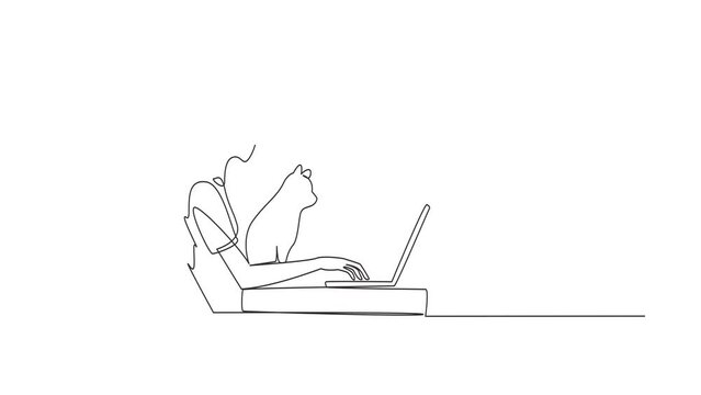 Self drawing animation of single continuous line drawing of beautiful woman sitting and hugging a cat while typing on laptop. The cute cat is looking at the laptop screen. Full length animated