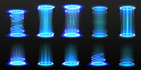 Level up effect and teleportation process game effect. Realistic teleportation portal. Realistic portal. Light aura and glowing hologram. Illuminated spotlight with falling rays