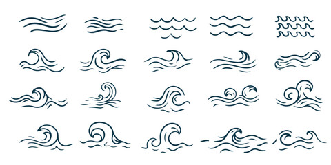 Set of line water waves. Icon set with simple doodle wave. Water logo, symbol vector collection.