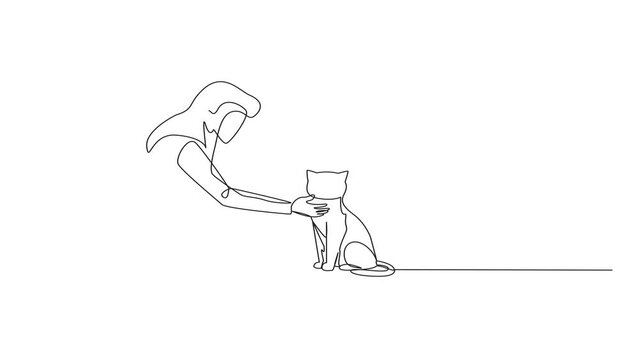 Animated self drawing of one line drawing a young beautiful woman hugging her little cat. While kneeling, he put his cute cat on floor while stroking it on the neck. Full length single line animation