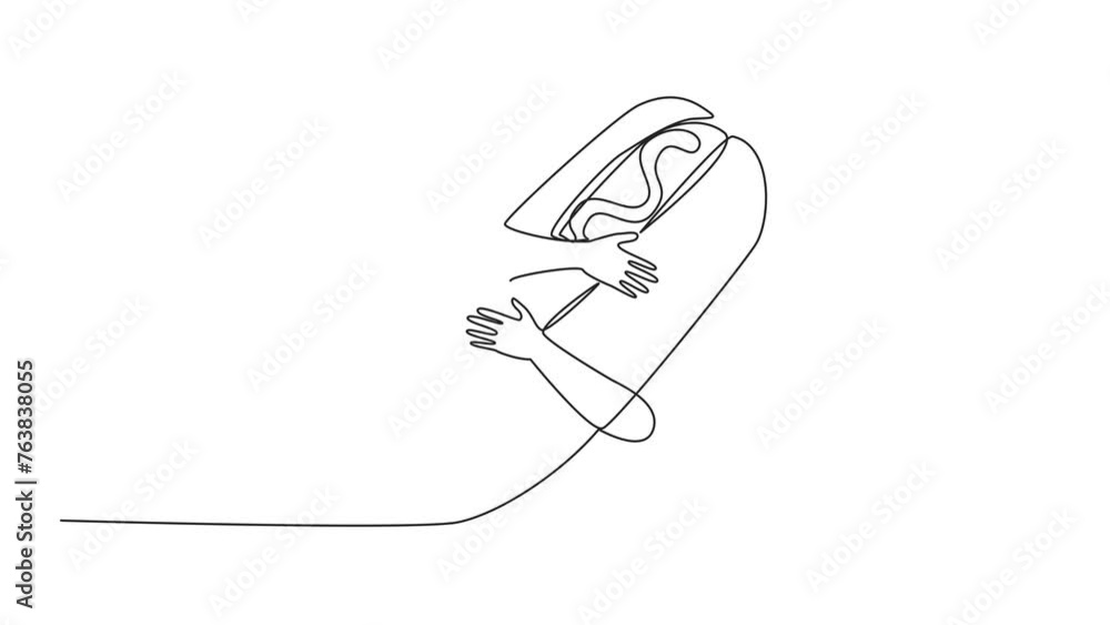 Poster animation of one line drawing of single continuous line drawing of hands hugging hot dog. cooked lon