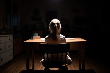 rearview shot of elementary schoolgirl sitting alone in the dark at home - obrazy, fototapety, plakaty
