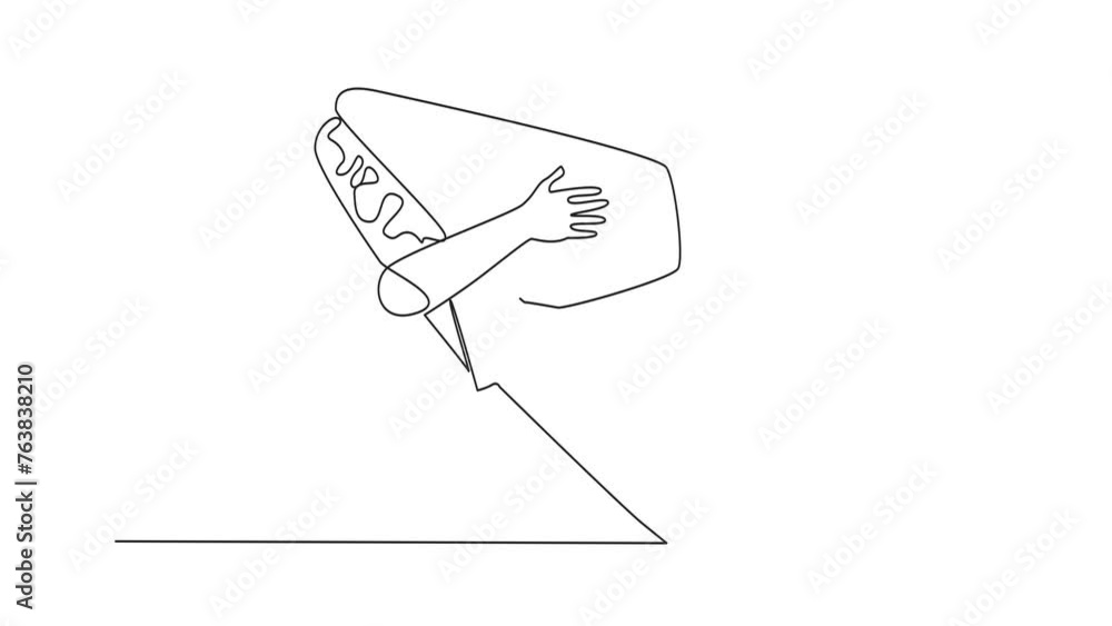 Poster animation of one line drawing of continuous one line drawing of hands hugging sandwich. two slices o