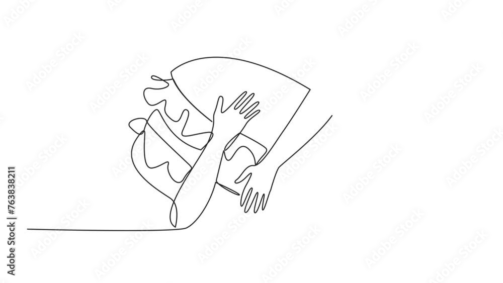 Aufkleber self drawing animation of single one line drawing of hands hugging burger. food in the form of a loa