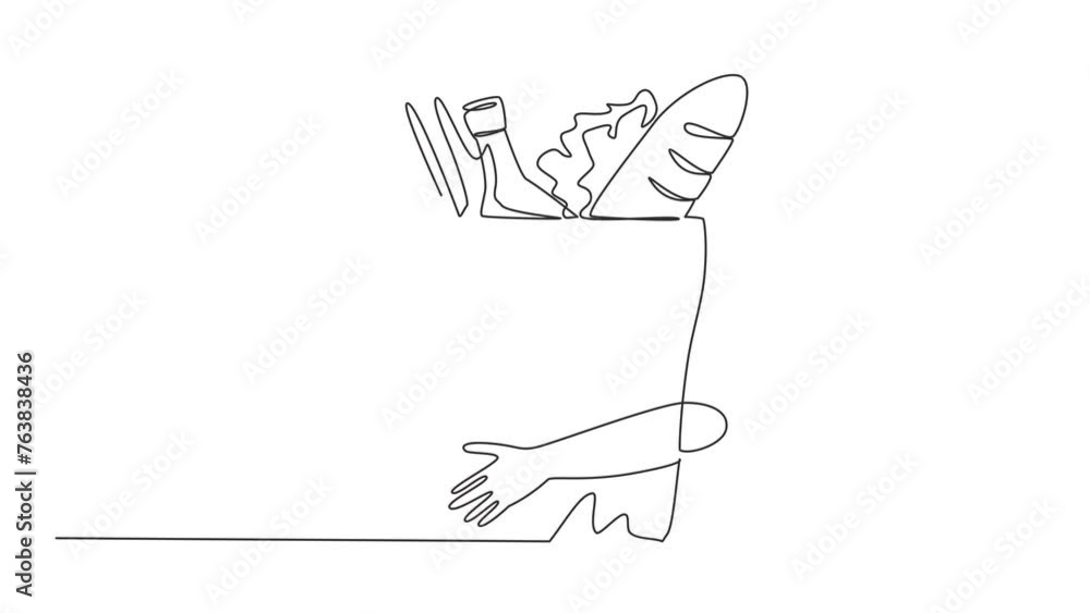 Poster self drawing animation of single one line drawing of hands hugging grocery paper bag. paper-based ba