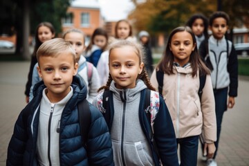 portrait of a group of elementary school students on their way to class - obrazy, fototapety, plakaty