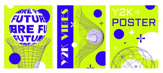 Retro futuristic vibe flyers set. Y2k techno vibe banners set. Retrowave posters with vibrant green text and lines on black background, announcement text frame