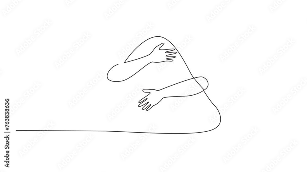 Poster self drawing animation of continuous one line drawing of hands hugging onigiri. rice is balled up wi