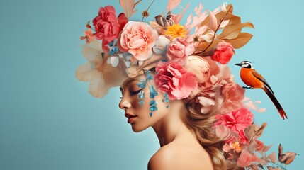 Art collage of woman with flowers and birds on head