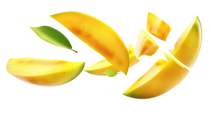 Realistic Flying Mango Slices on Transparent Background, PNG Format