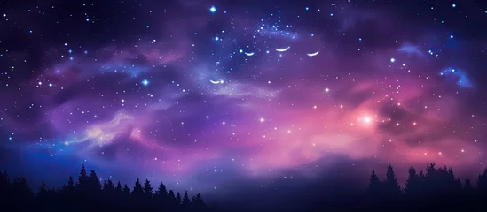 Poster An astronomical object shining in the purple sky, with cumulus clouds drifting by. A natural landscape featuring a forest is surrounded by a violet atmosphere, creating a serene view © 2rogan