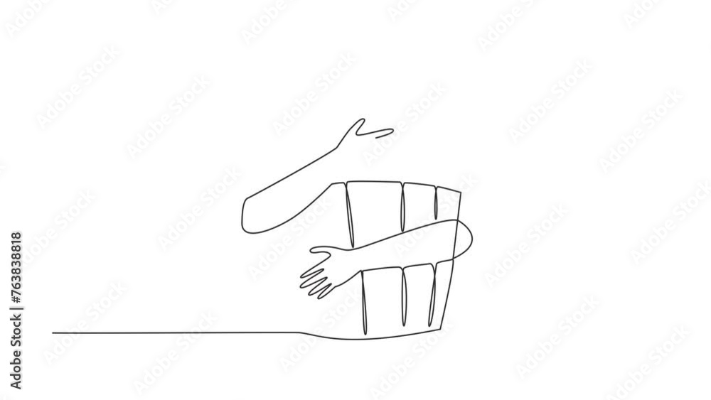 Poster animation of one line drawing of continuous one line drawing human hands hugging huge muffin. small 