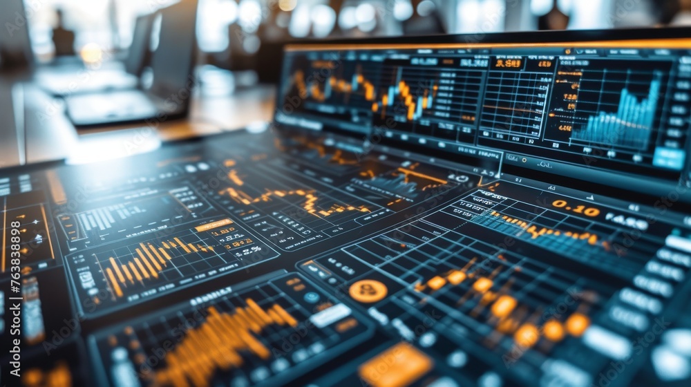 Poster a detailed financial dashboard displaying various analytics and metrics. the screen projects data an