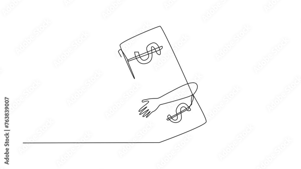 Poster animated self drawing of single continuous line drawing of hands hugging banknote. smart business wi