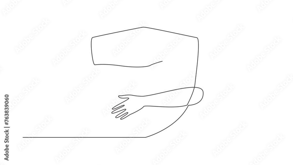 Poster animation of one line drawing of continuous one line drawing human hands hugging shield. network sec