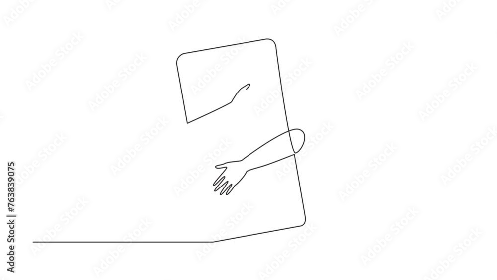Poster animation of one line drawing of single continuous line drawing hands hugging handphone. entrepreneu