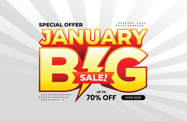 January Big Sale text with extrude effect and lightning icon. For banner, poster, header, logo, template, social media, website. Vector Illustration
