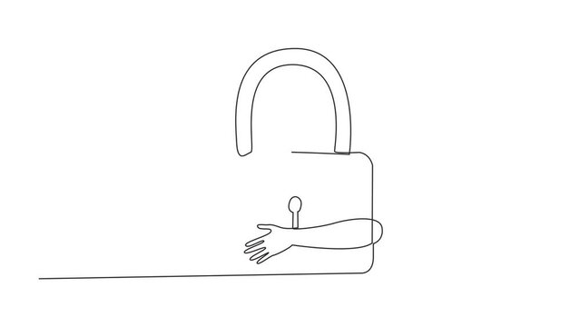 Animated self drawing of continuous one line drawing of hands hugging padlock. Entrepreneurs who keep web security safe with multiple layers so that data security. Full length single line animation