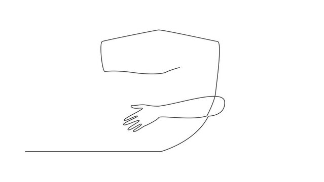 Animation of one line drawing of continuous one line drawing human hands hugging shield. Network security is needed in a business. Protect personal data from an evil person. Full length motion
