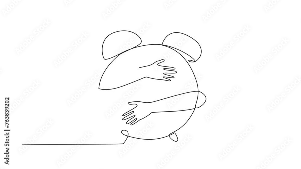 Poster self drawing animation of single one line drawing of hands hugging alarm clock. business decisions t