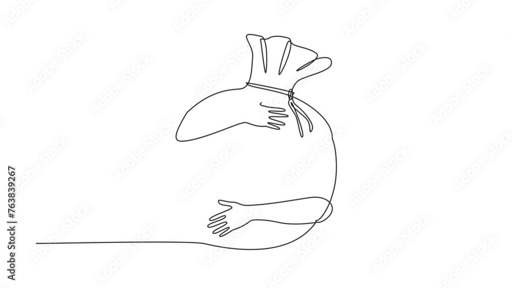 Poster animated self drawing of single continuous line drawing of hands hugging money bag. entrepreneurs ta