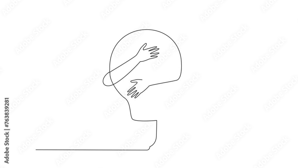 Poster animated self drawing of single continuous line drawing of hands hugging lightbulb. illustration of 