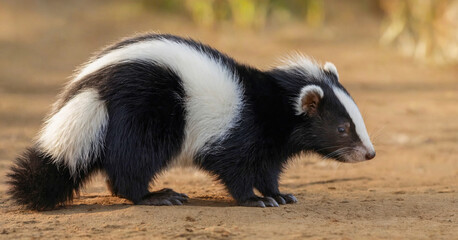 Naklejka premium Close-up portrait of a young skunk against nature background, showing the classic striped face and fluffy fur.