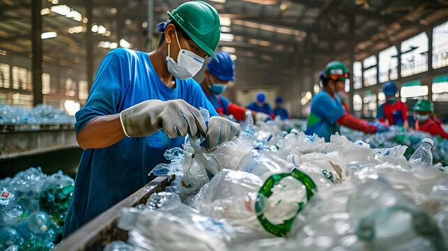 Capture an image of a premium Thai plastic pouch factory where, instead of producing new pouches, the focus is on deconstructing and recycling old ones. The photo shows workers carefully separating a