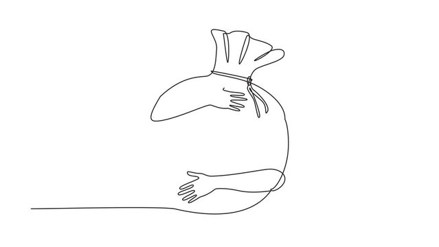 Animated self drawing of single continuous line drawing of hands hugging money bag. entrepreneurs take advantage of existing opportunities to collect a lot of money. Full length single line animation