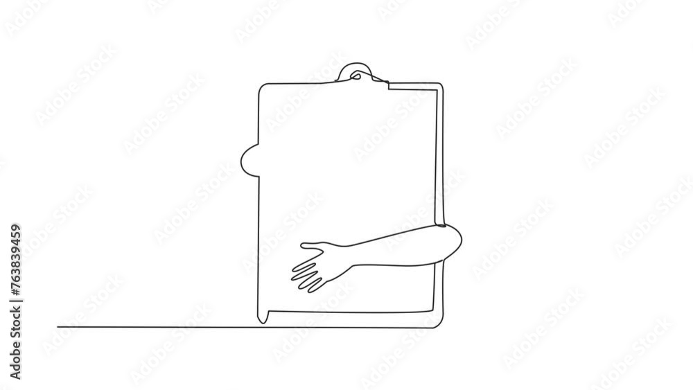 Poster self drawing animation of single one line drawing of hands hugging clipboard. effective daily planni