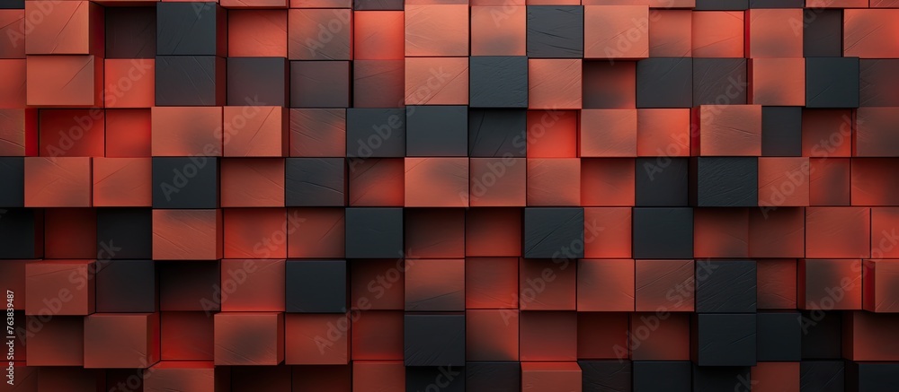 Poster a closeup image of a symmetrical red and black checkered pattern on a brick wall, creating an artist