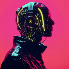 Futuristic, fluorescent, a Cypunk overgrown man with headphones, combination of 2d and 3d, solid color background, color tilt, nightclub style